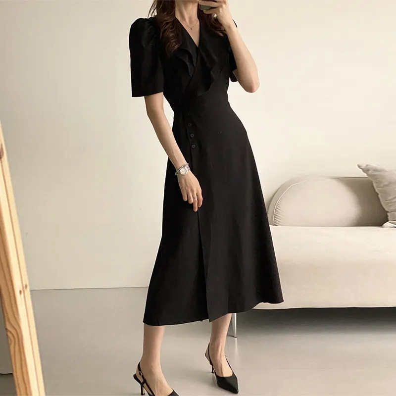 Churchf Churchf Chic French Retro Double Collar Inclined Buckle Waist Show Thin Long A Piece Of Bubble Sleeve Dress Woman