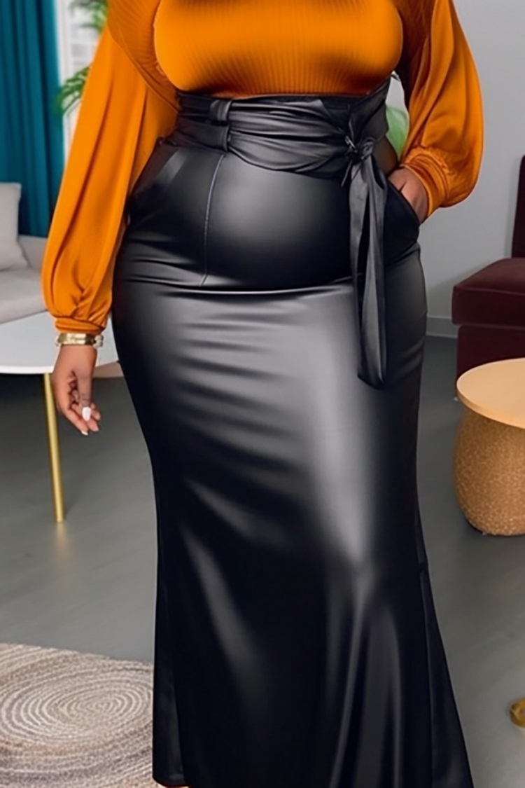 Plus Size Business Casual Skirt Black High Waist Pu-Leather Skirt With Pocket [Pre-Order]