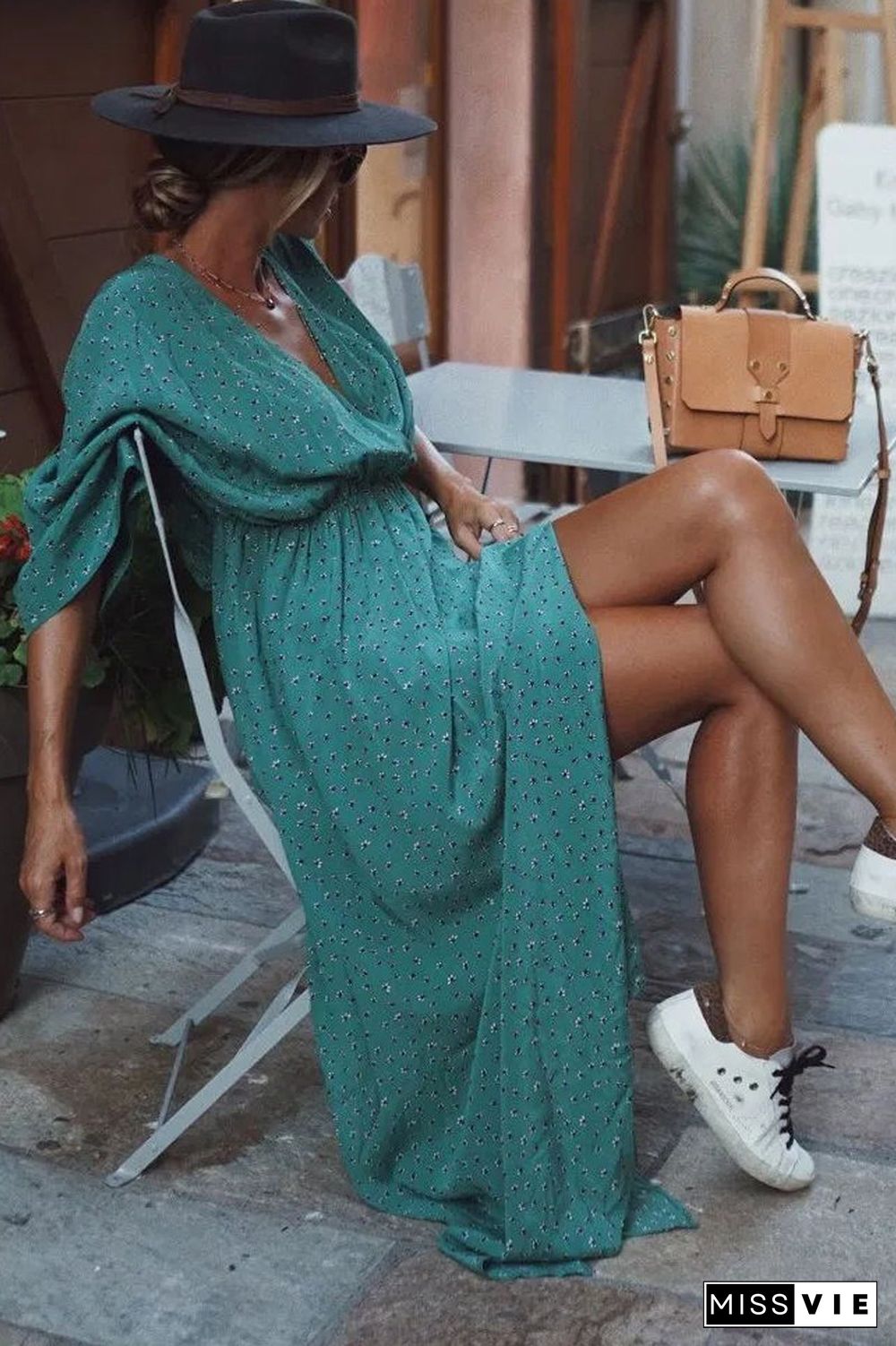 Elastic Waist High Slit V-Neck Dress