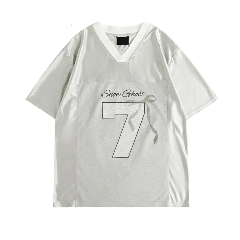 OLCooL Y2k Silvery Sports T Shirts Women Bow Graphic Oversize Quick Drying Top Contrast Patchwork V-neck Summer Fashion Hip Hop olcool