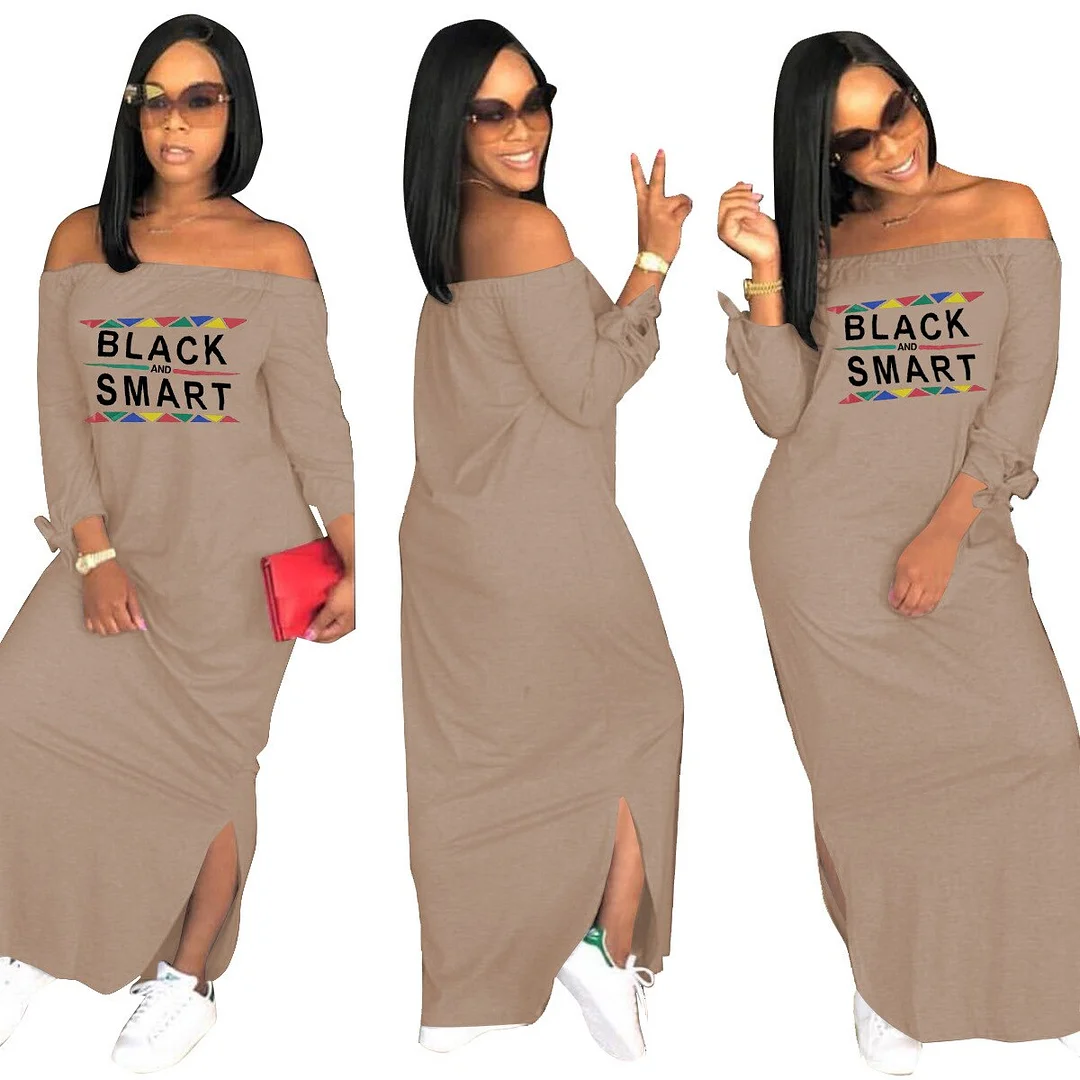Fashion Sexy Slash Neck Ladies Solid Color Letter Printing Long Dress Home Casual Street Loose Large Size Dress