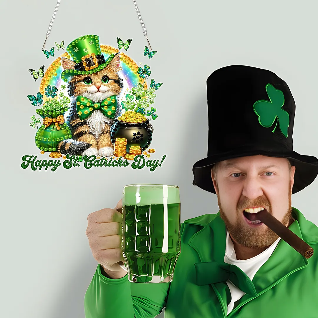 St Patricks Day Cat DIY 2D Flat Acrylic Diamond Painting Kits 5D Diamond Art Painting Window Pendants for Home Garden Wall Decoration