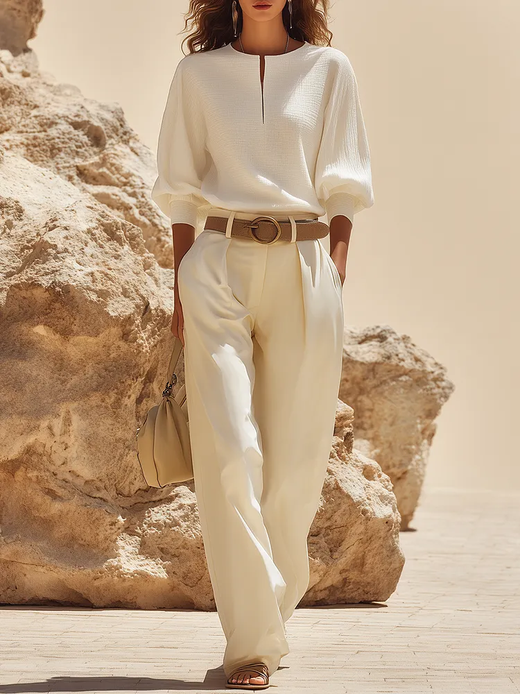 Resort-style Cotton V-neck Long-sleeved Trouser Set