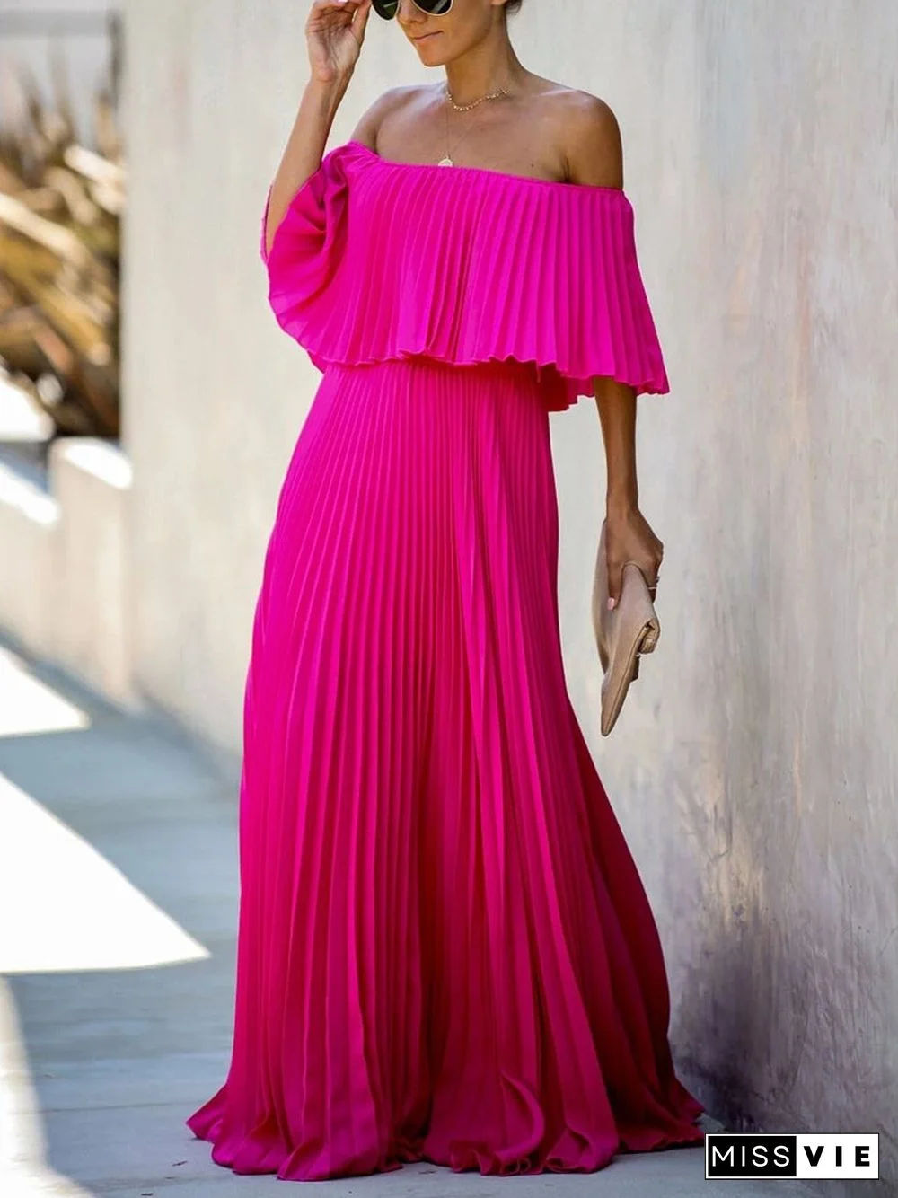 Ruffled Peated Chiffon Maxi Dress P14490