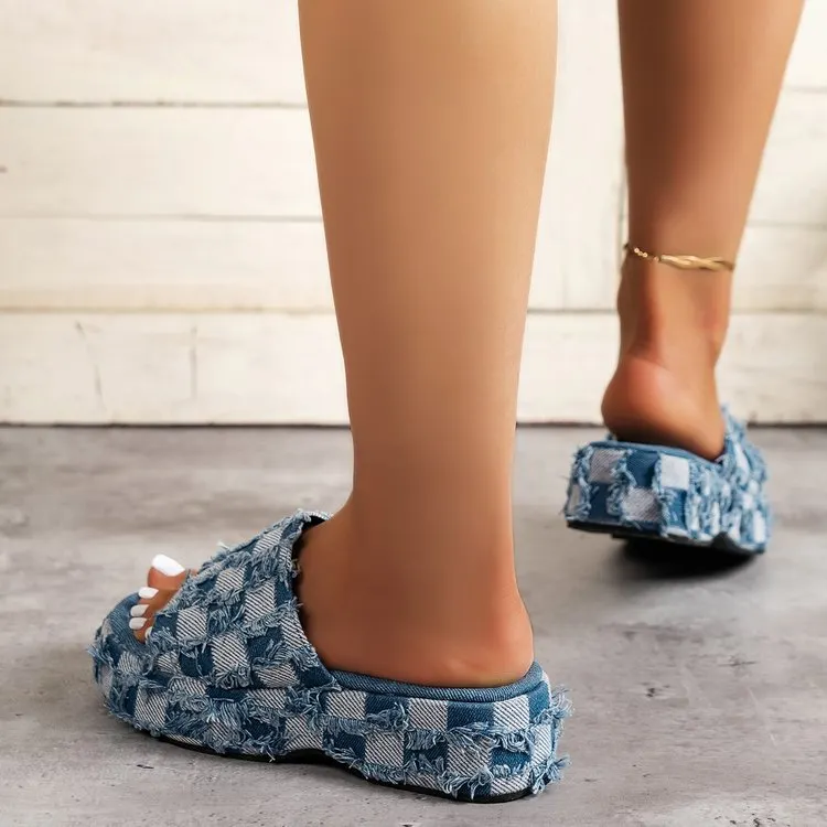Churchf Churchf Female Summer 2023 New Color Plaid One-Word Slippers Thick Cloth Face Slippers
