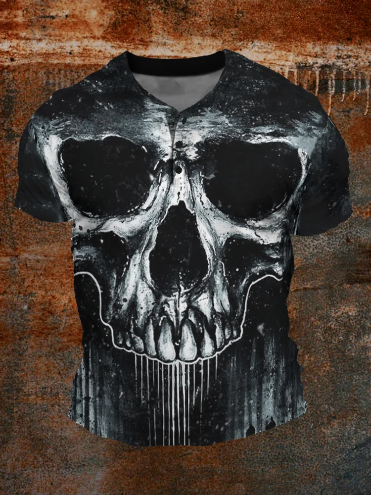 Men's Skull Graffiti Halloween Short Sleeve Henley Shirt