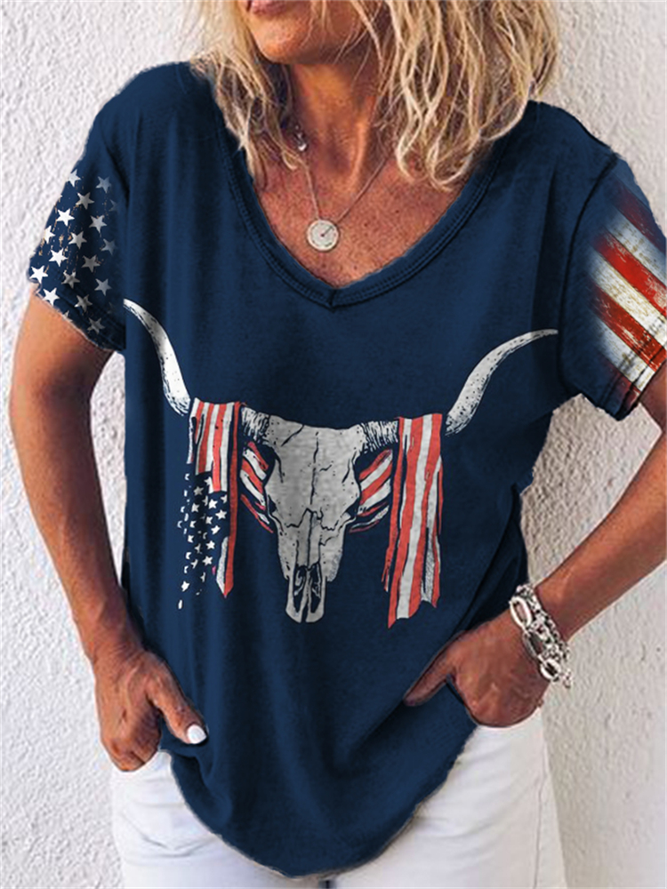 wearshes Western Bull Skull Flag Inspired V Neck T Shirt