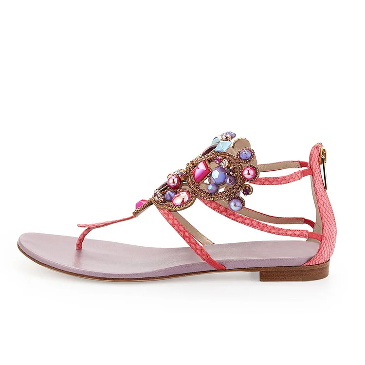 Women's Red Faux Jeweled Thong Sandals Beach Vacation Flats |FSJ Shoes
