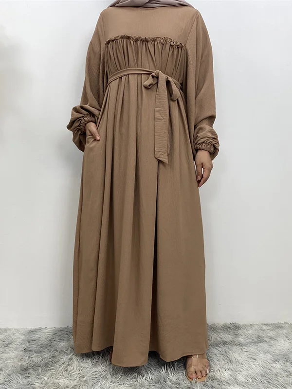 Bishop Sleeve Long Sleeves Elasticity Muslim Pleated Solid Color Split-Joint Tied Waist Round-Neck Maxi Dresses