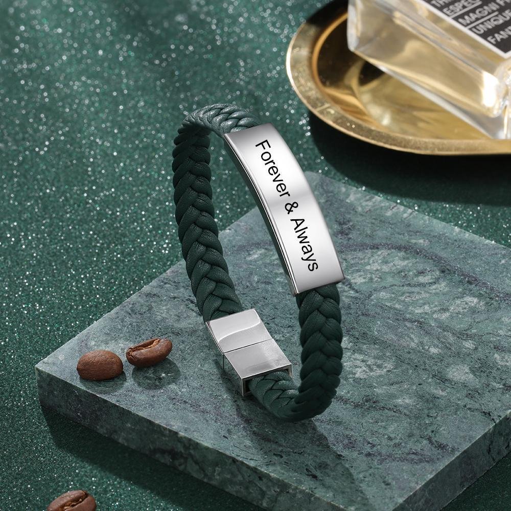 Mens Leather Bracelet Engraved Personalized Id Bracelets Black Brown