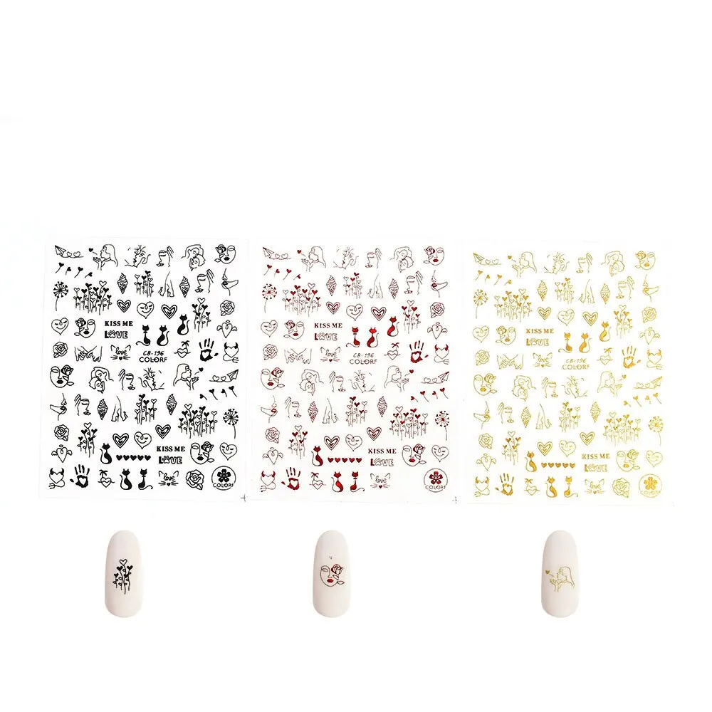 3Pcs Nail Stickers 3D Adhesive DIY Nail Art Transfer Flowers Love Abstract Sexy Woman Face Design Stickers For Nails Manicure-Nail Inspo