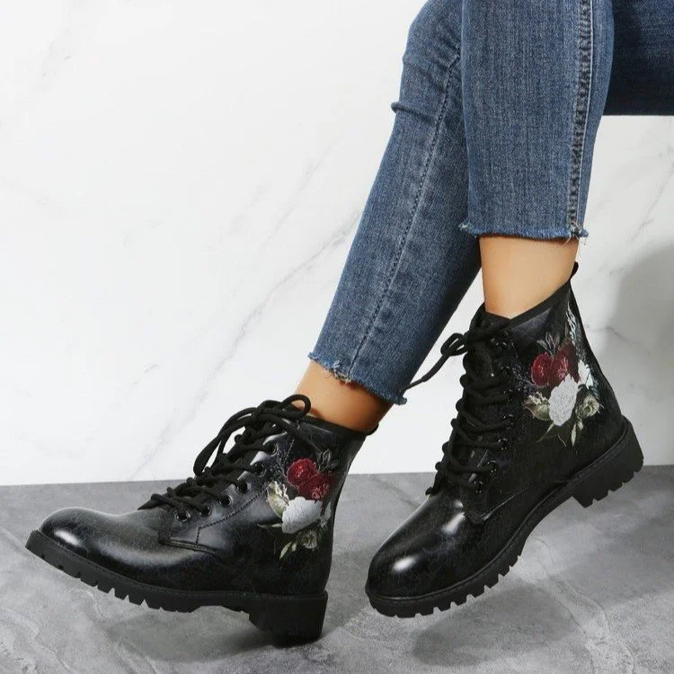 Qengg Women's Shoes Women's Winter 2021 Boots Shoes Women's Tooling Boots Skull and Flower Print High-top Boots 2022