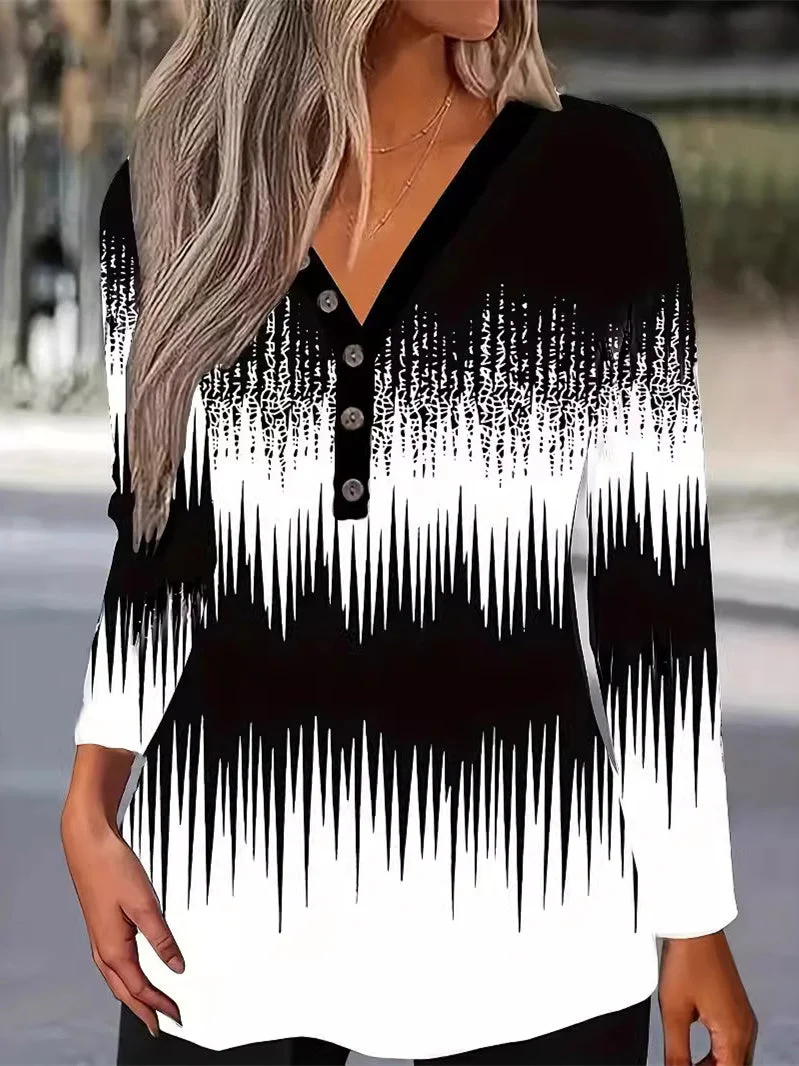 Women's Long Sleeve V-neck Graphic Printed Tops