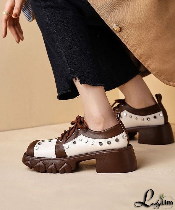 Casual Lace Up Chunky High Heels Brown Cowhide Leather Loafers For Women