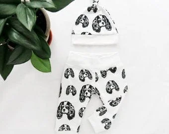 Pornhint Cavalier King Charles Spaniel Baby Leggings And Hat Set For Girls And Boys, Gender Neutral Organic Baby Clothes, Dog Themed Baby Shower Gift