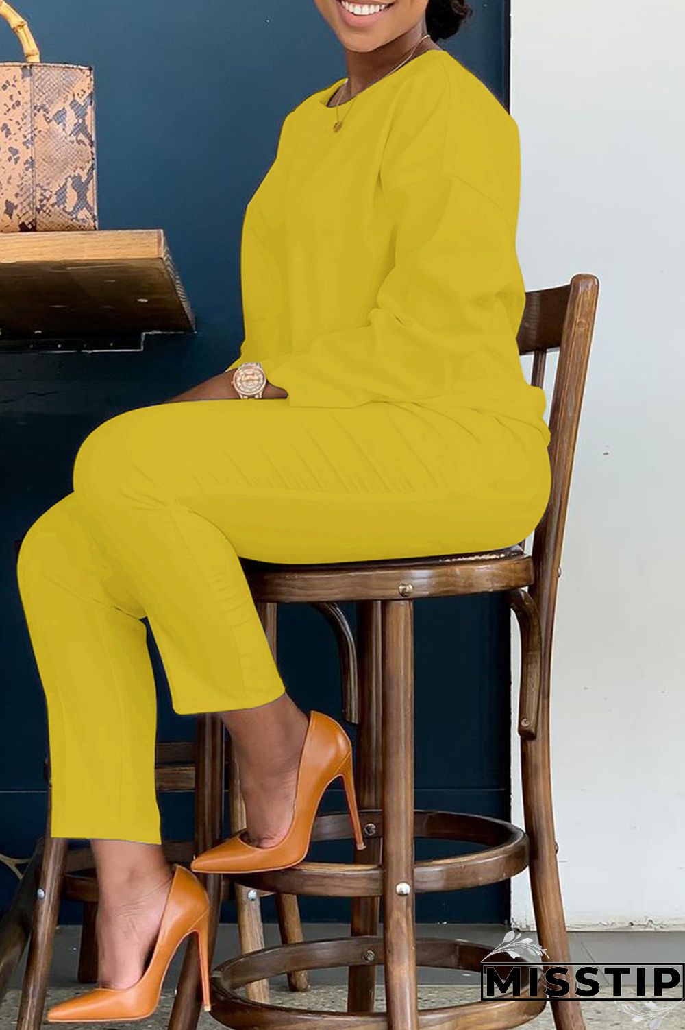 Orange Fashion Casual Solid Basic O Neck Long Sleeve Two Pieces