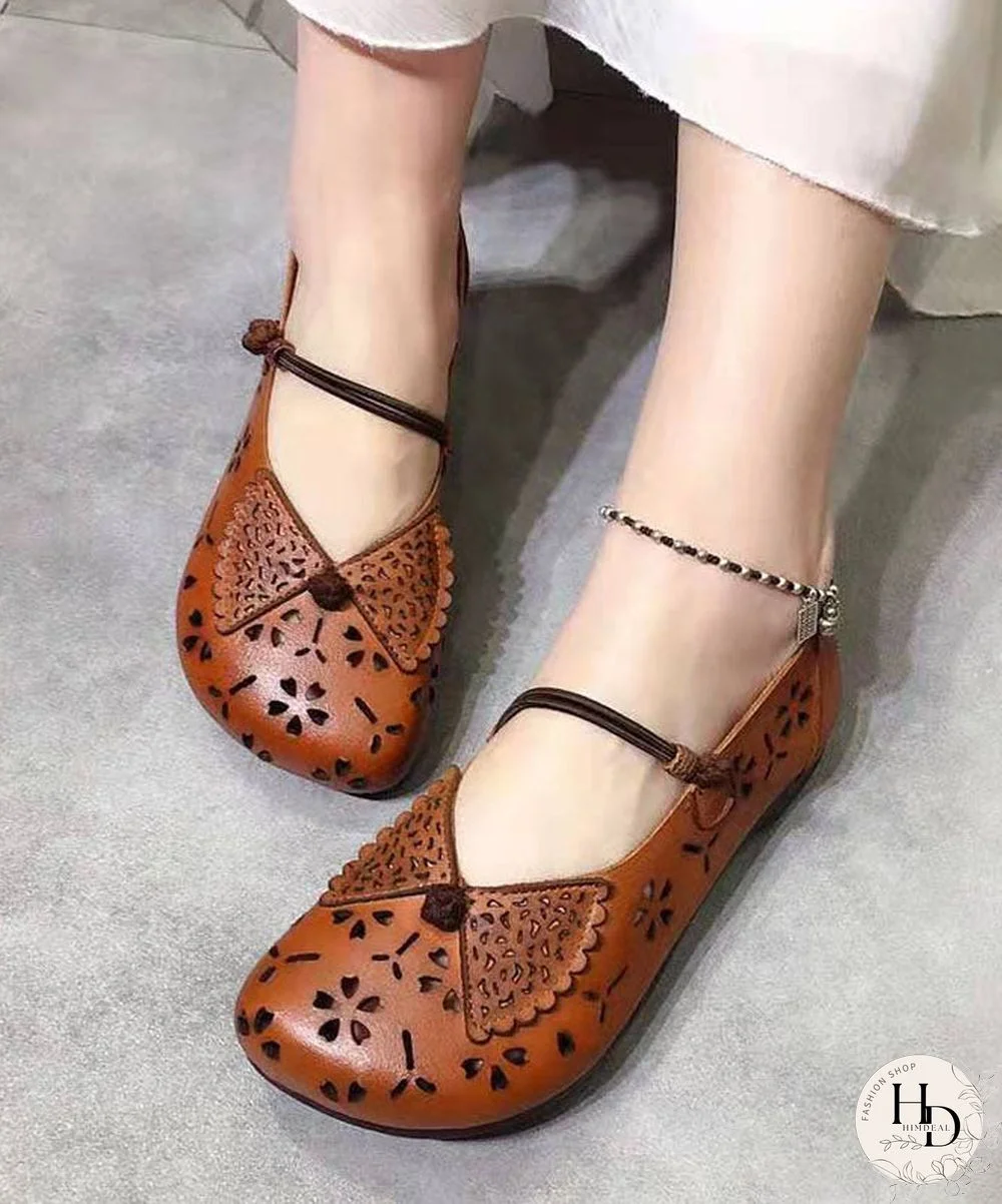 Handmade Brown Hollow Out Flats Buckle Strap Flat Feet Shoes