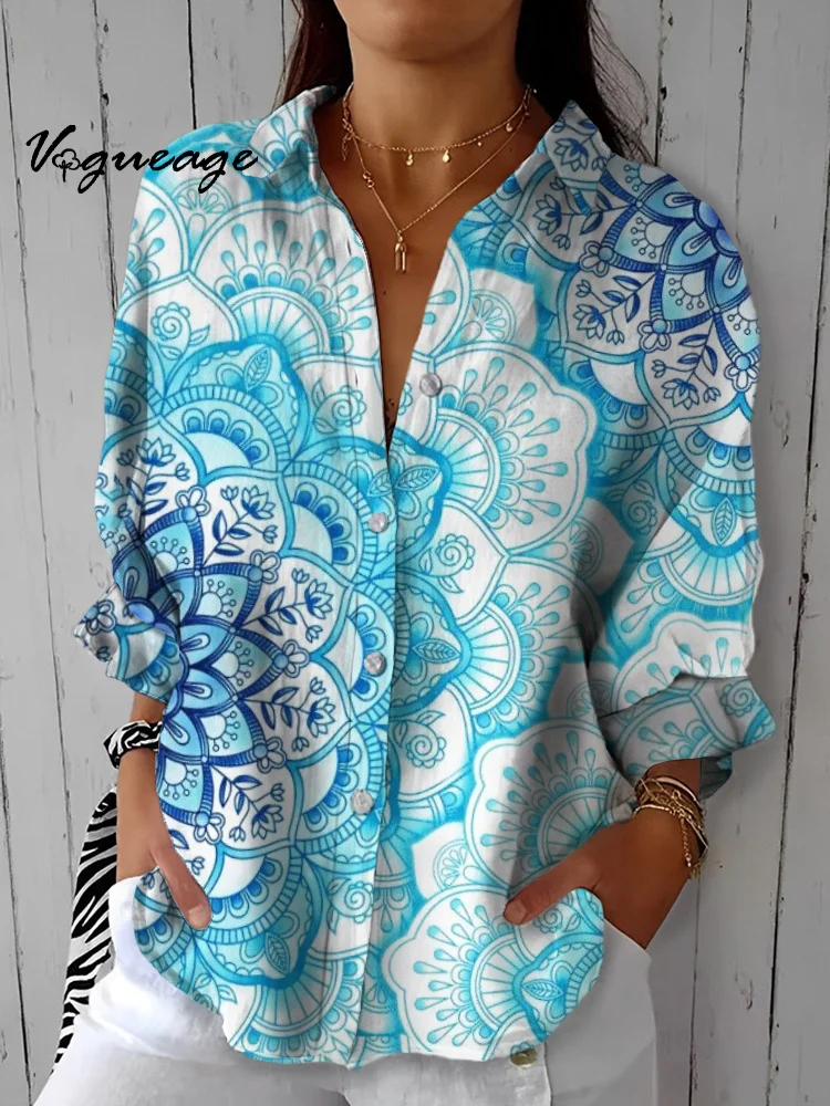 Gentle Elegant And Generous Datura Flower Printed Cotton And Linen Shirt