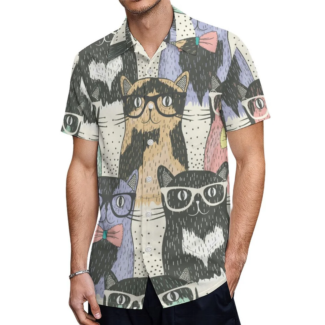 Kitty Yoga Hipster Cat Whimsical With Glasses Hawaiian Shirt Mens Button Down Plus Size Tropical Hawaii Beach Shirts