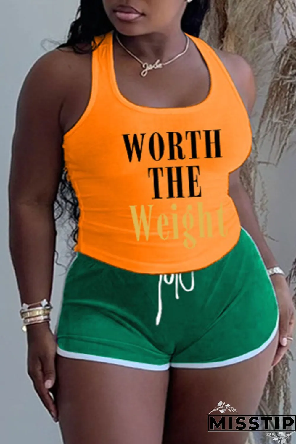 Khaki Casual Letter Patchwork U Neck Plus Size Two Pieces