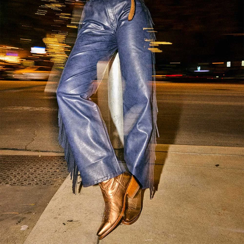 Gold Snip Toe Chunky Heel Pull Tab Western Boots with Embroidered