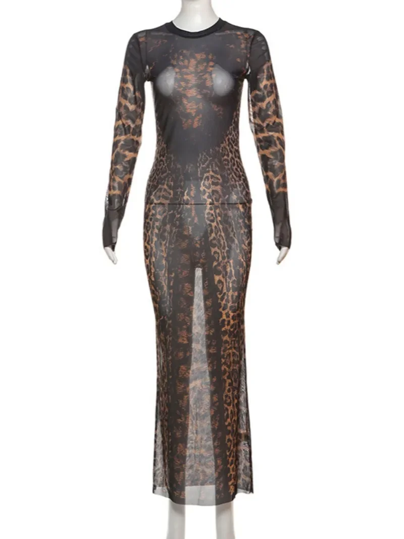 Maniros Woman Clothes O-neck Long Sleeve See-through Mesh Dress Leopard Printed Bodycon Long Dresses Nighht Club Evening Party Vestidos