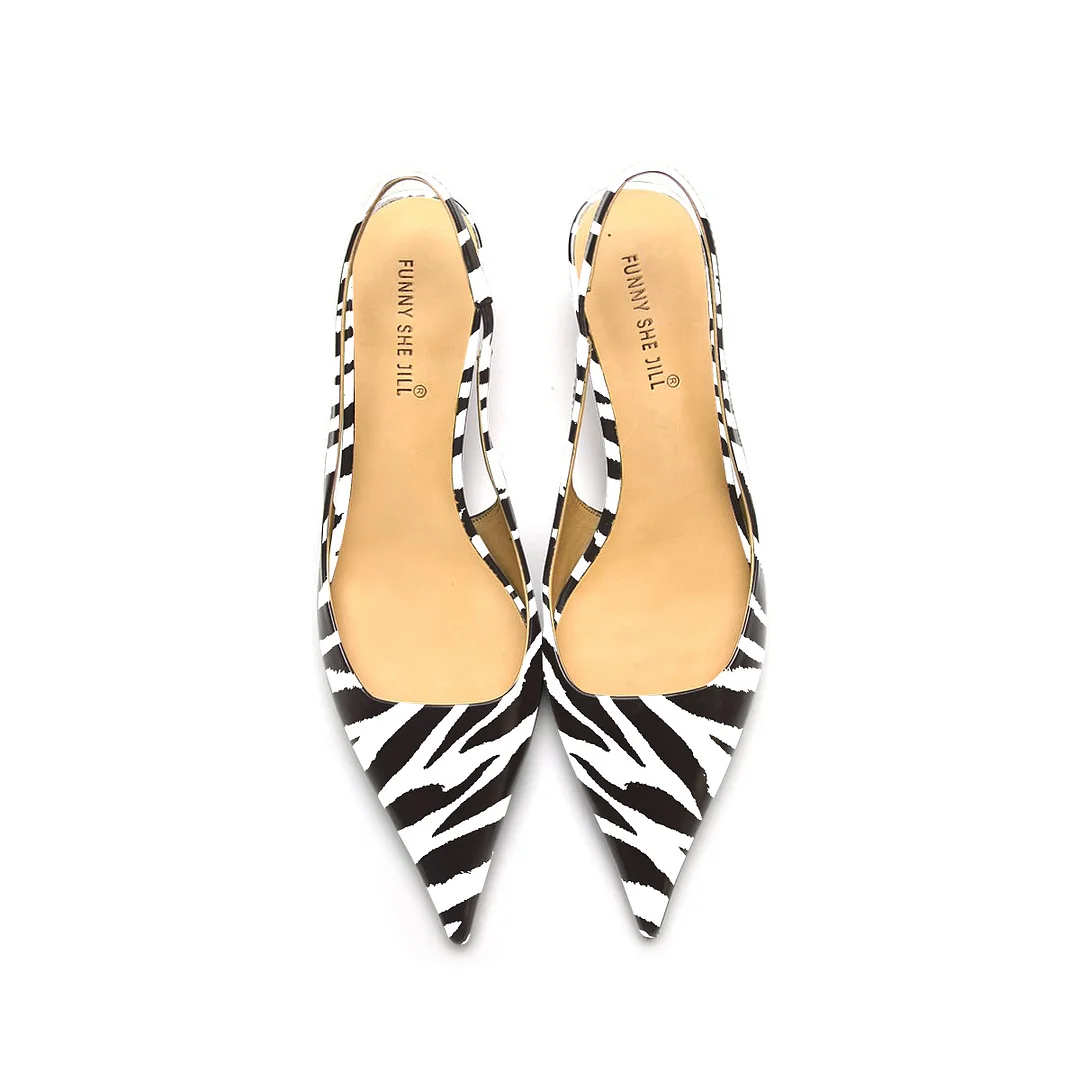 Zebra Stripes Patent Leather Pointed Toe Elegant Kitten Heel