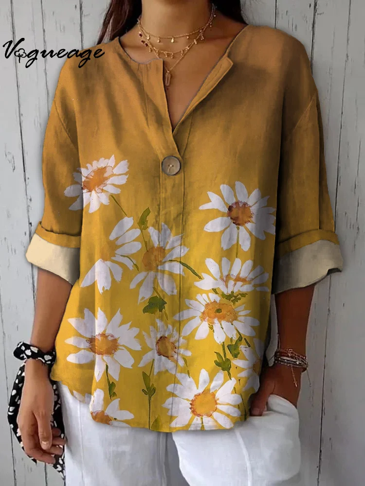 Simple And Elegant Flowers Printed Cotton And Linen Shirt