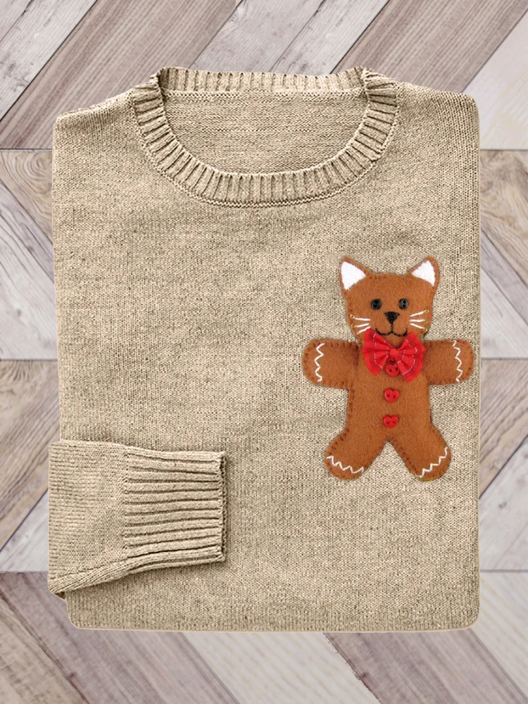 Comstylish Christmas Gingerbread Cat Patch Knit Sweater