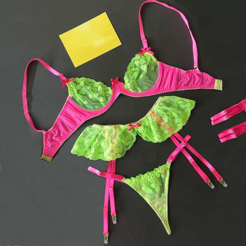 Churchf Churchf Sexy Underwear Sexy Women's Fluorescent Lace Embroidered Garter Three-Piece Suit