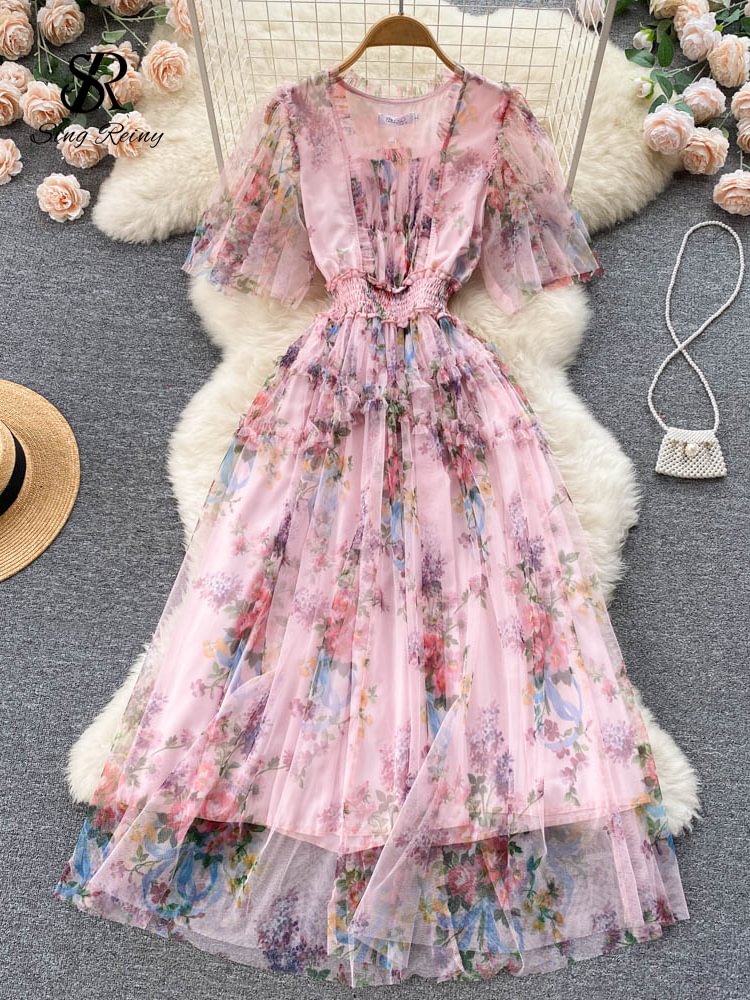 Toloer Floral Print Ruffled Mesh Dress Summer 2022 Square Neck Elastic