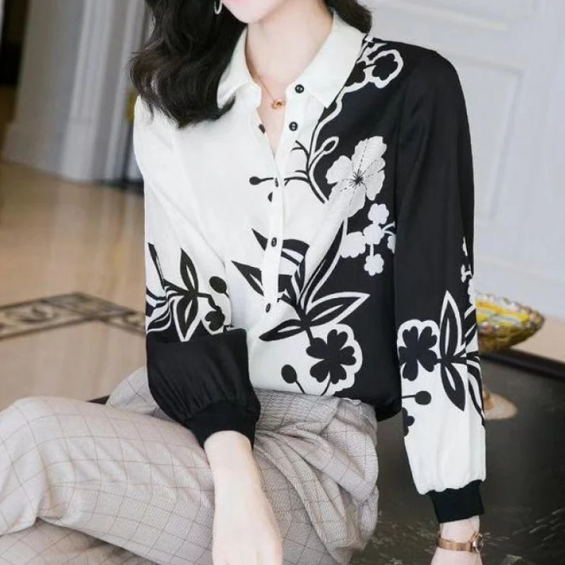 Jangj and White Contrast Floral Print Shirt Spring Summer Korean Style Blouse Professional Elegant Shirt for Female Casual Shirt