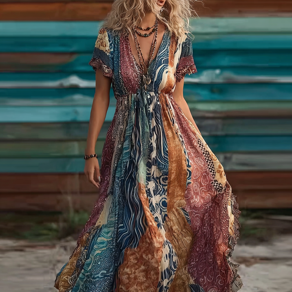 Simulated Wave Design Beach Holiday Casual Linen Dress wearshes