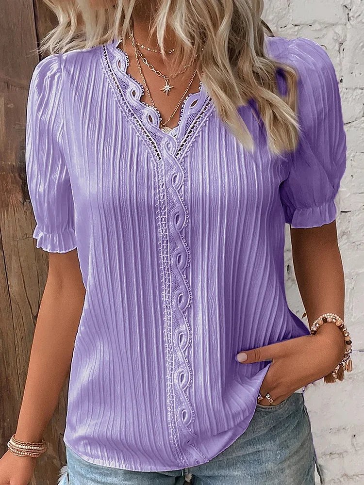 Cute Plain V-Neck Short Sleeve Lace Trim Hollow Shirt
