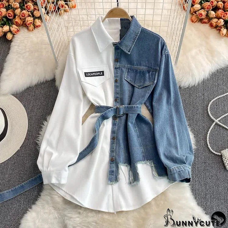 Colorblock Long Sleeve Denim Lapel Shirt Dress With Belt