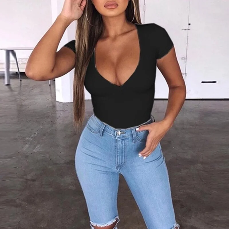 2020 Summer Fashion Women's Shirt Solid Short Sleeve V-Neck Tops Summer Ladies Long Tight Bottom Shirt Pullover