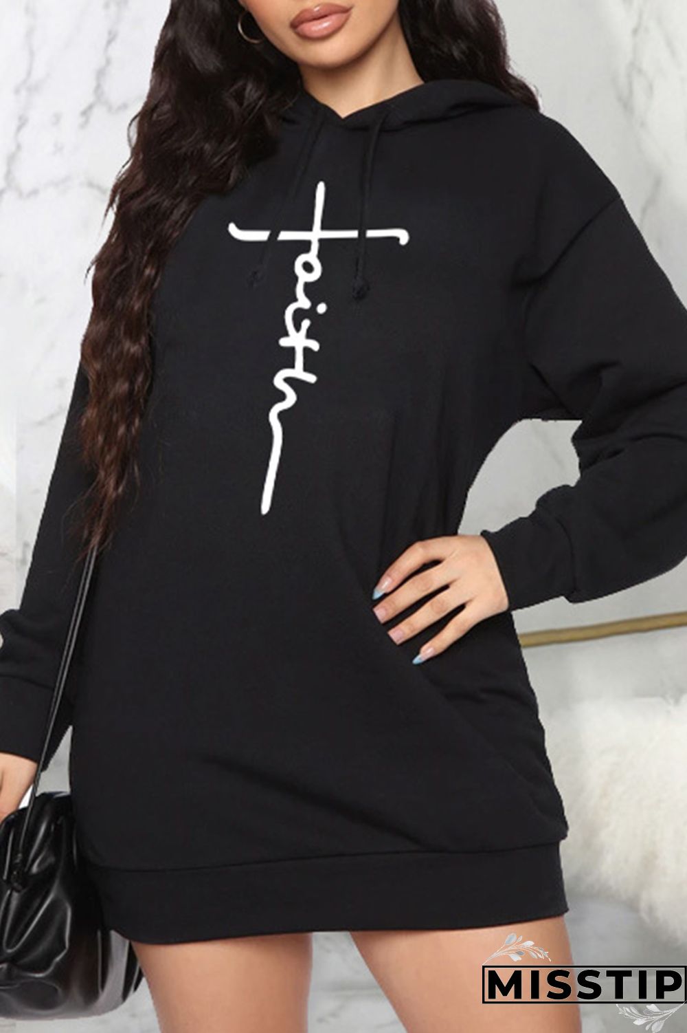 Black Casual Print Patchwork Hooded Collar Long Sleeve Dresses