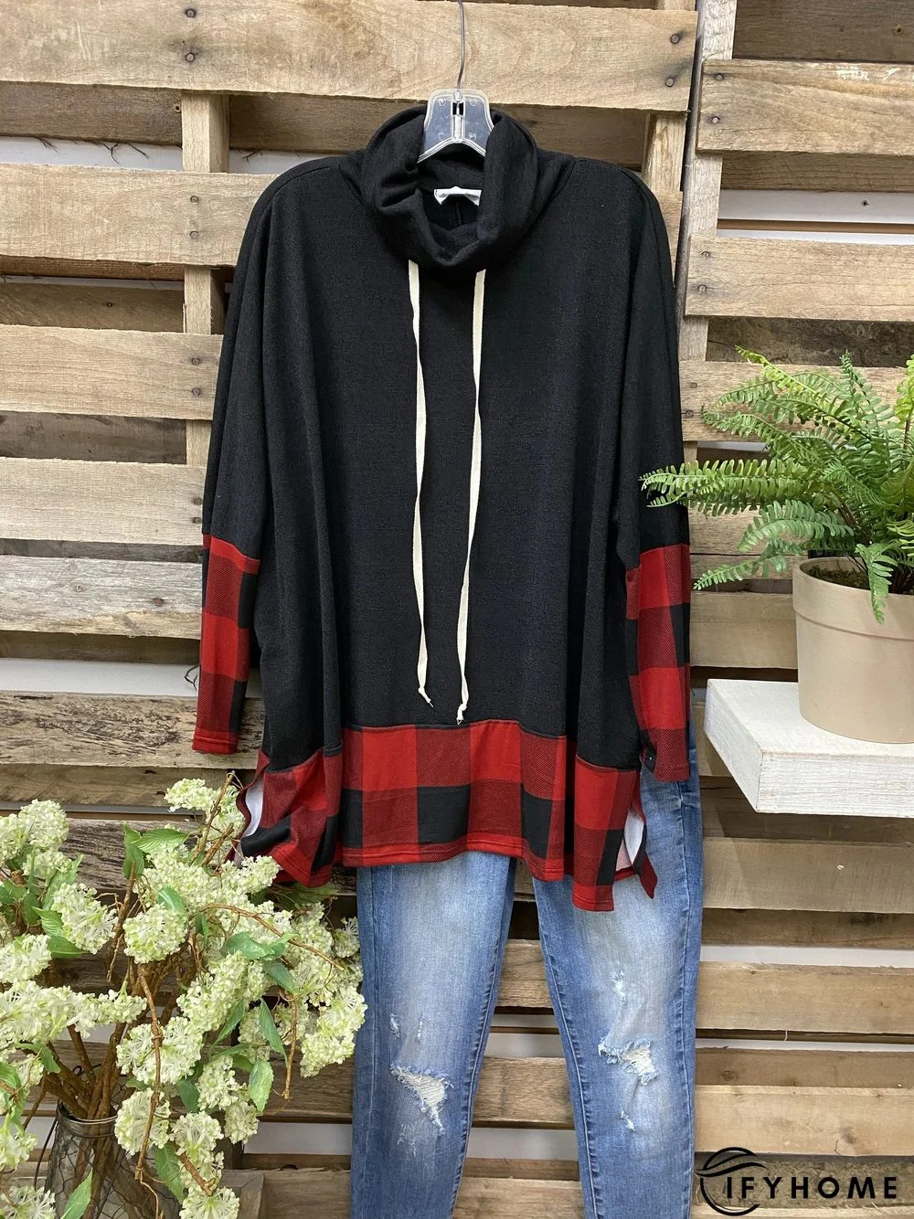 Cowl Neck Cotton-Blend Color-Block Long Sleeve Top | IFYHOME