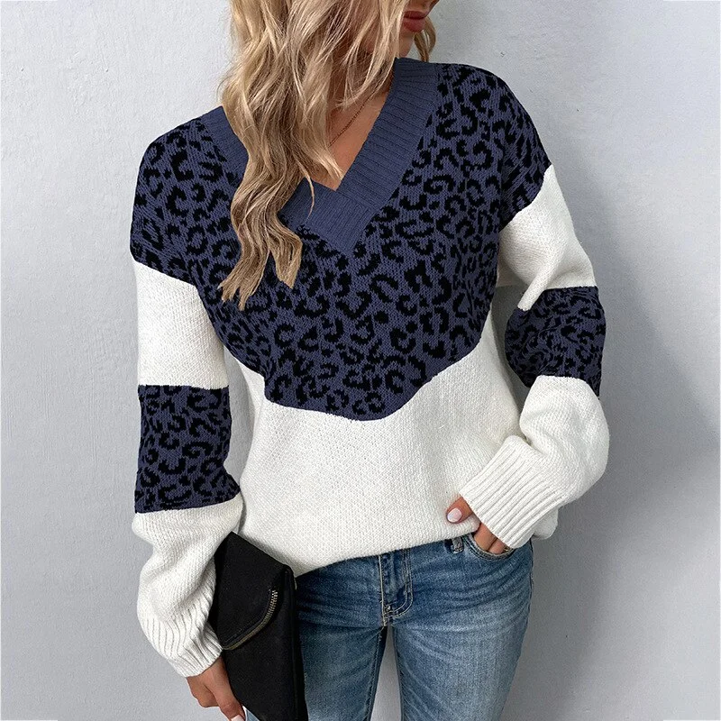 Toloer New Autumn Casual Woman Oversized Sweaters Winter Long Sleeve Knitted Jumper Sweater Women V-neck Leopard Print Pullover