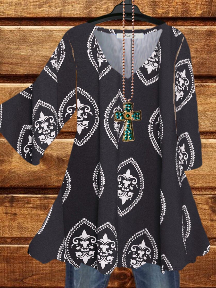 Women Long Sleeve V-neck Graphic Floral Printed Top