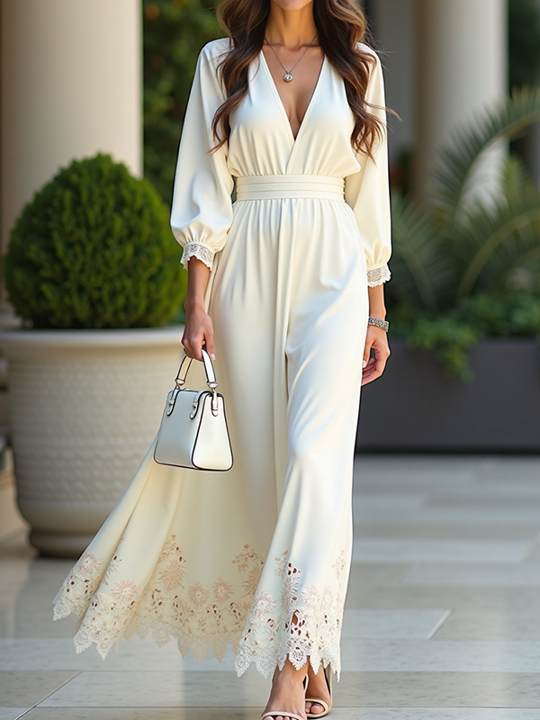 Lace Pattern Deep-V Neck Puffed Long Sleeve Elegant Maxi Dress