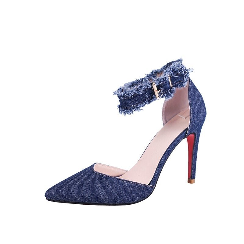 Women Denim Jeans Pumps High Thin Heels Blue Shallow Buckle Ankle Strap Pointed Toe Female Sandal Sexy Party Dress Tacones Mujer