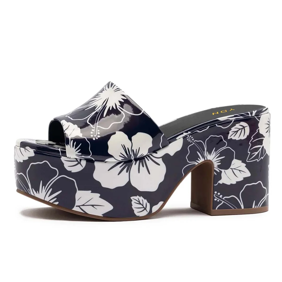 Navy & White Floral Print Open Round Toe Platform Heel Sandals