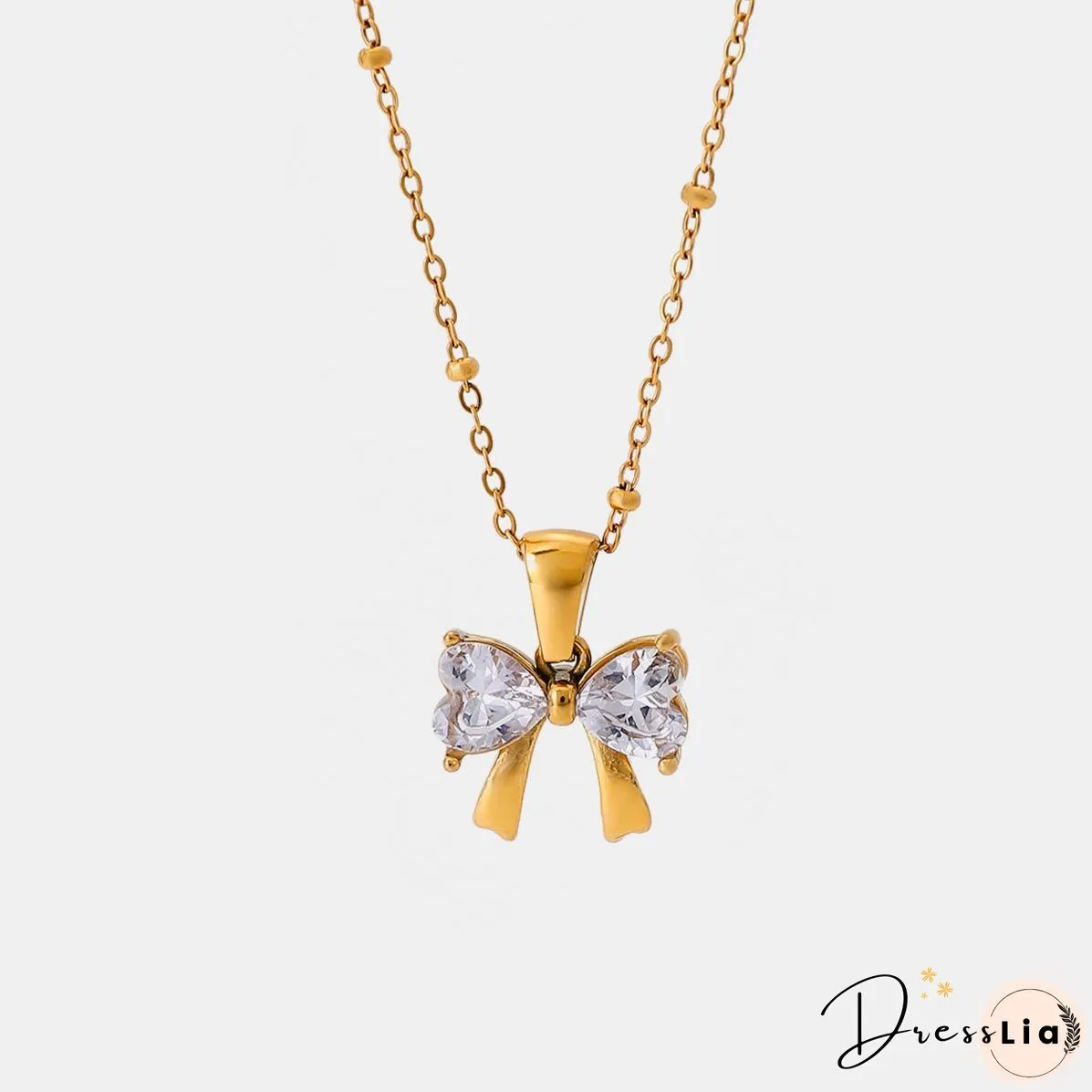Stainless Steel Inlaid Zircon Bow Necklace