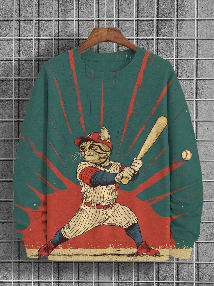 Men's Baseball Sporty Cat Print Casual Sweatshirt