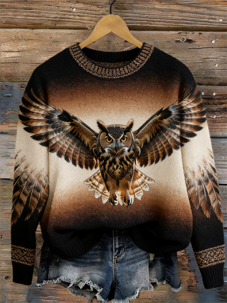 Vintage Owl & Wings Gradient Cozy Knit Sweater wearshes