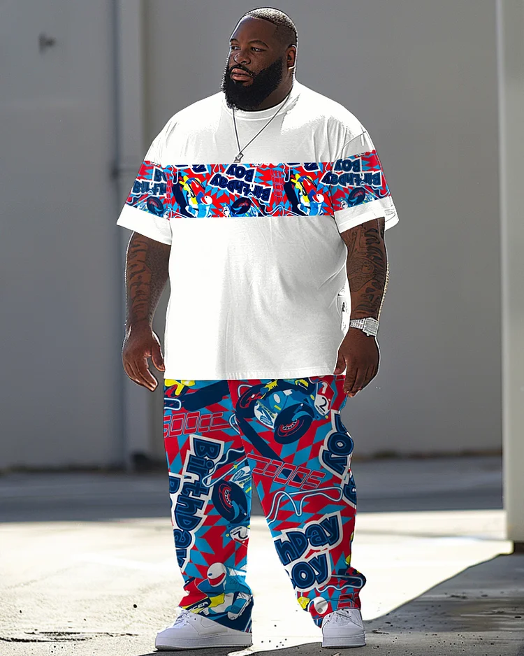 Men's Large Casual Street Style Printed T-shirt Trousers Suit