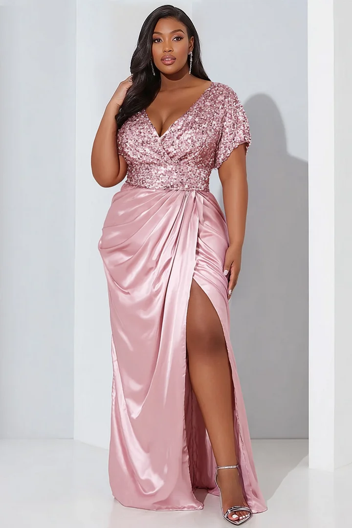 Xpluswear Design Plus Size Formal Satin Pink Wrap Neck Puff Sleeve Short Sleeve Split Contrast Sequin Maxi Dresses 2024 - Xpluswear