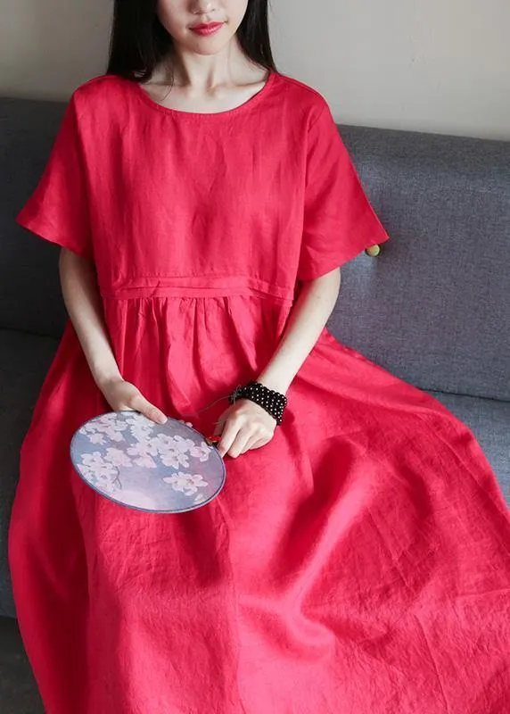 Beautiful o neck Cinched linen summer clothes Fabrics red Dresses