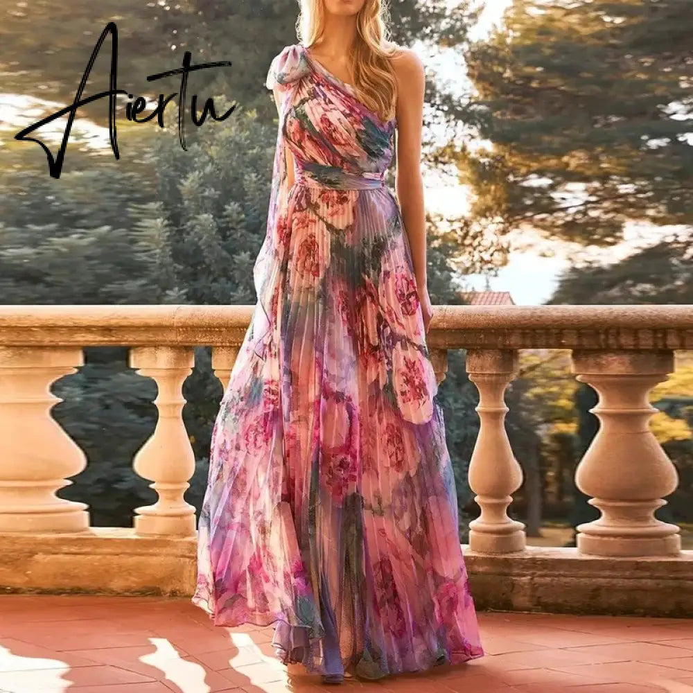 Aiertu Summer Floral Print Women Maxi Dress Elegant Pleated Slim Bohomian Party Dress Sexy Strapless Chiffon Holiday Long Dress Aiertu